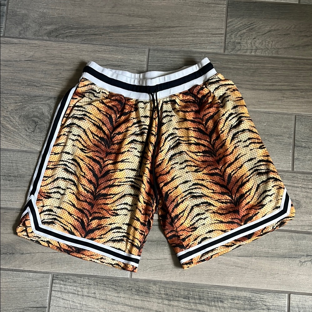 John Elliott Tiger Stripe Athletic Shorts Orange Black